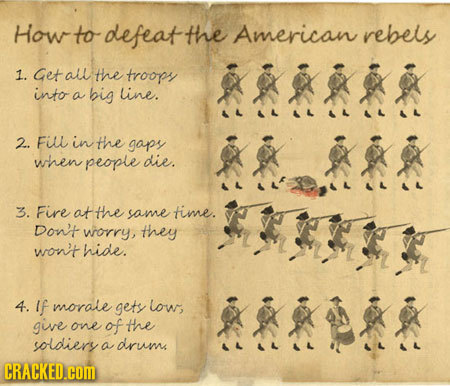 How to defeat the American rebels 1. Get all the troopy into big line. a 2. Fiu in the gaps when people die. 3. Fire atthe same time. Don't worry, the