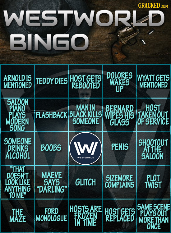 CRACKEDCON WESTWORLD BINGO ARNOLD IS HOST DOLORES TEDDY DIES GETS WYATT GETS WAKES MENTIONED REBOOTED MENTIONED UP SALOON PIANO MANIN BERNARD HOST PLA