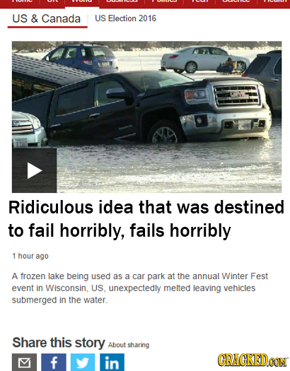 US & Canada US Election 2016 Ridiculous idea that was destined to fail horribly, fails horribly 1 hour ago A frozen lake being used as a car park at t