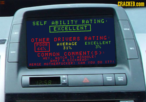 CRACKED.COM SELF ABILITY RATING: EXCELLENT OTHER DRIUERS RATING EXCELLENT POOR AUERAGE 66. 31. 3'. COMMON COMMENTC IT ASSHOLEL HEN ATCH A DICKHEADI CA