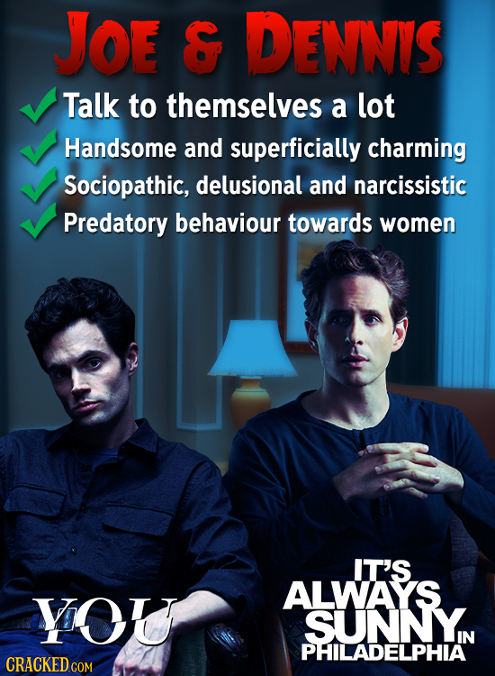 JOE 8 DENINYS Talk to themselves a lot Handsome and superficially charming Sociopathic, delusional and narcissistic Predatory behaviour towards women