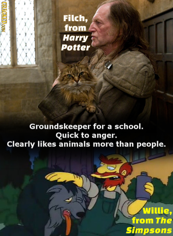 CRACKEDOOM Filch, from Harry Potter Groundskeeper for a school. Quick to anger. Clearly likes animals more than people. Willie, from The Simpsons