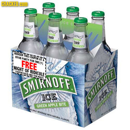 CRACKED.COM CE O ritk CAUTI ritk ORLSS cs REDEEM THIS BY08 COUPON PARTY AT FREE FOR ONE(1) NIGHT OF COUPON RIDICULE ONLY FOR SMIKNOFF MALES ICE SMIRN