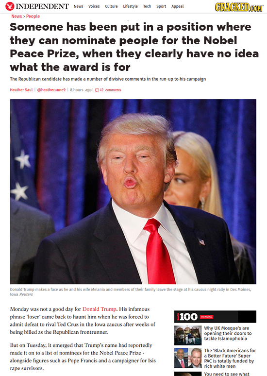 INDEPENDENT News Voices Culture Lifestyle Tech Sport Appeal CRACKEDCON News People Someone has been put in a position where they can nominate people f