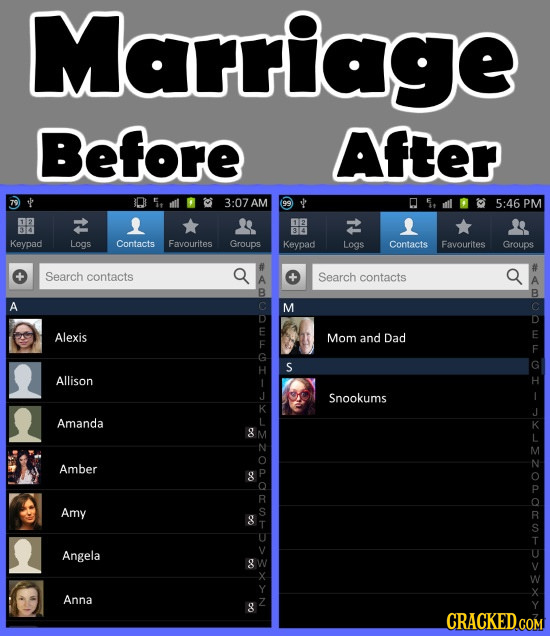 Marriage Before After 05 1903:07AM 5:46 PM 12 12 B14 34 Keypad Logs Contacts Favourites Groups Keypad Logs Contacts Favourites Groups Search contacts 
