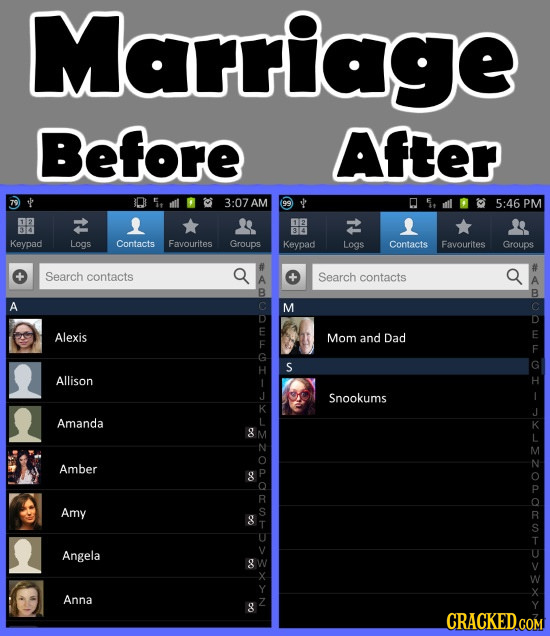 Marriage Before After 05 1903:07AM 5:46 PM 12 12 B14 34 Keypad Logs Contacts Favourites Groups Keypad Logs Contacts Favourites Groups Search contacts