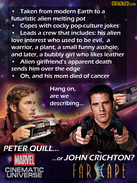 CRACKEDco COM Taken from modern Earth to a futuristic alien melting pot Copes with cocky pop-culture jokes Leads a crew that includes: his alien love