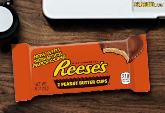 GRAGKED.OON NOWWITH NON-STICK CUPSI Reese's MIL K CHOCOLATE PAPER 210 CALDRIES NET WT BUTTER CUPS 2 PEANUT 15 OZ (42g) 