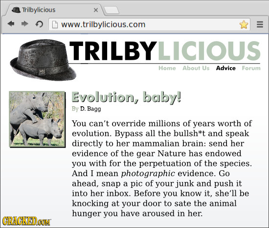 Trilbylicious X www.trilbylicious.com TRILBYLICIOUS Home About Us Advice Forum Evolution, baby! By D. Bagg You can't override millions of years worth 