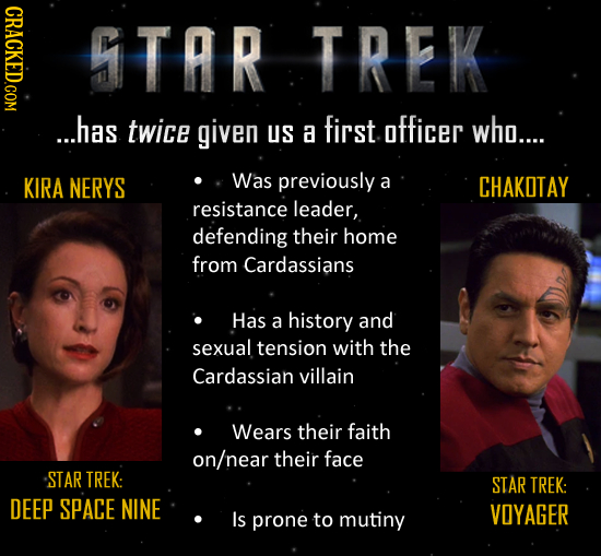 STAR TREK ...has twice given uS first a officer who.... KIRA NERYS Was previously a CHAKOTAY resistance leader, defending their home from Cardassians