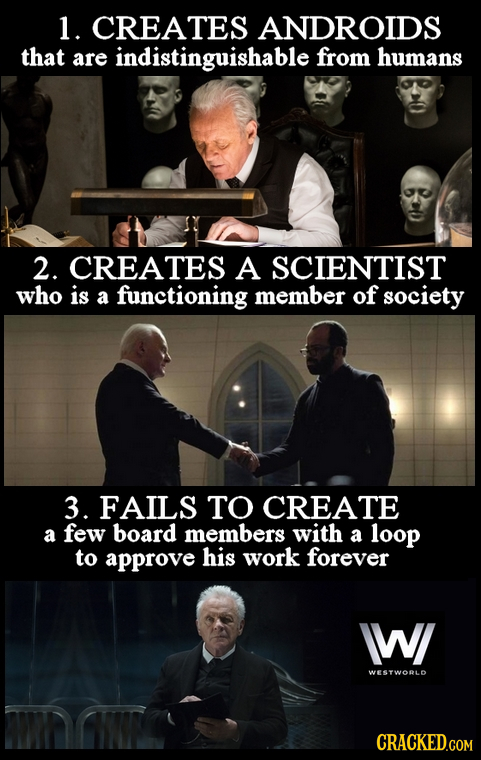 1. CREATES ANDROIDS that are indistinguishable from humans 2. CREATES A SCIENTIST who is a functioning member of society 3. FAILS TO CREATE a few boar