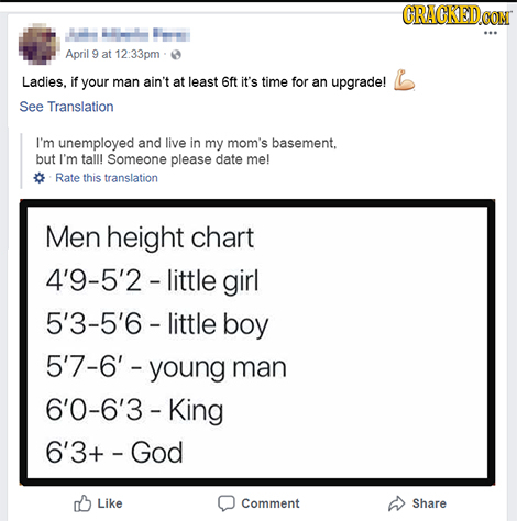 ORAGKED.OON April 9 at 33pm Ladies. if your man ain't at least 6ft it's time for an upgrade! See Translation I'm unemployed and live in my mom's basem