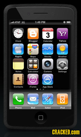 hil AT&T 3G 1:49 PM B A 3 Y! Clock Blogger Calendar Yahoo 20 mM 73 Apple Maps Shocks Weather Notes Calclator Camera Settings Contots ITunes App Store