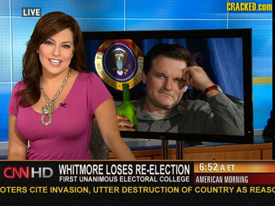 CRACKED.cOM LIVE P 1115 OF CN HD WHITMORE LOSES RE-ELECTION 6:52 AET FIRST UNANIMOUS ELECTORAL COLLEGE AMERICAN MORNING OTERS CITE INVASION, UTTER DES