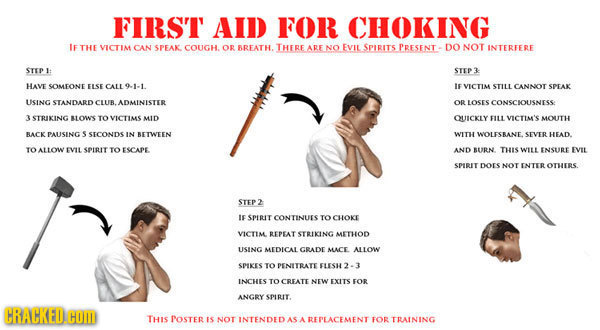 FIRST AID FOR CHOKING IF THE VICTIM CAN SPEAK COUGH. OR BREATEL THERE ARE NO EVIL SPIRITS PRESENT - DO NOT INTERFERE STEP I STEP3 HAVE SOMEONE ELSE CA