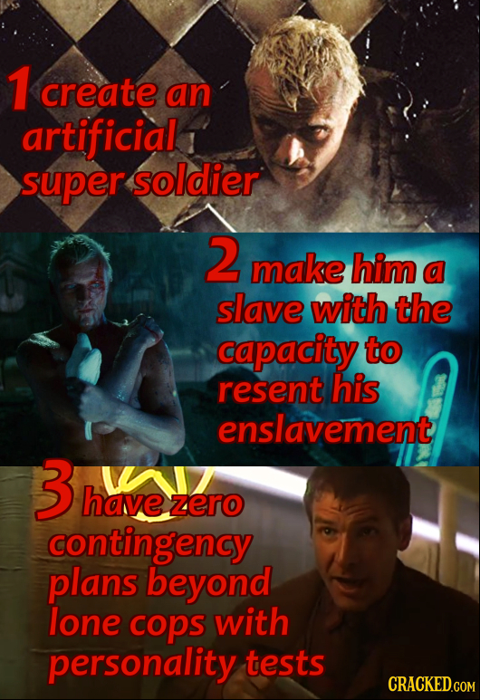 1 create an artificial super soldier 2 make him a slave with the capacity to resent his enslavement 3 have zero contingency plans beyond lone COPS wit