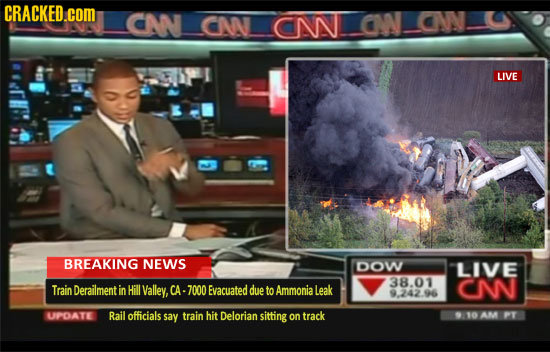 CRACKED.coM CAN CWN CNN CN NN LIVE BREAKING NEWS DOW LIVE 38.01 TrainDerailment in Hill Valley, CA- 7000 Evacuated due to Ammonial Leak CN 9.242.96 UP