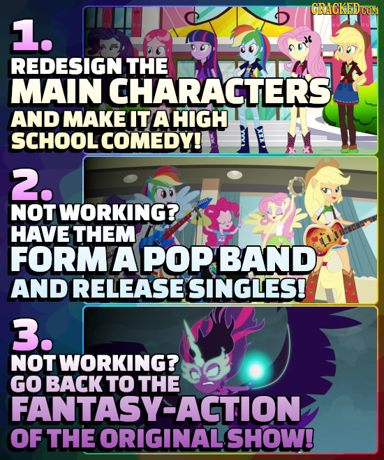 GRACKEDCO 1. REDESIGN THE MAINCHARAGTERS AND MAKE IT A HIGH SCHOOLCOMEDY! 2. NOT WORKING? HAVE THEM FORMA POP BAND AND RELEASE SINGLES! 3. NOT WORKING