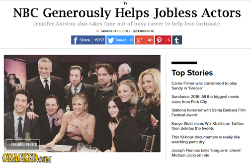 TV NBC Generously Helps Jobless Actors Jennifer Aniston also takes time out of busy career to help less fortunate RY SAVANTHA HIGHFILL SAMHIGHEILL f S