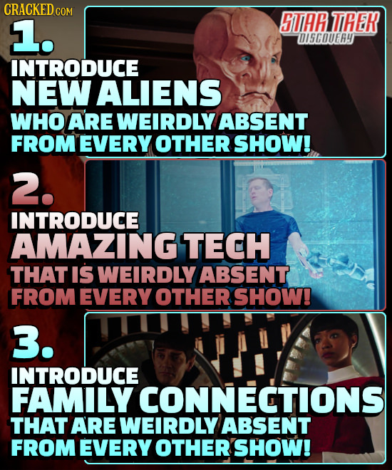 CRACKED COM 1. STAR TIHEK OI5COUER4 INTRODUCE NEW ALIENS WHO ARE WEIRDLY ABSENT FROMEVERY OTHER SHOW! 2. INTRODUCE AMAZINGTECH THAT IS WEIRDLY ABSENT