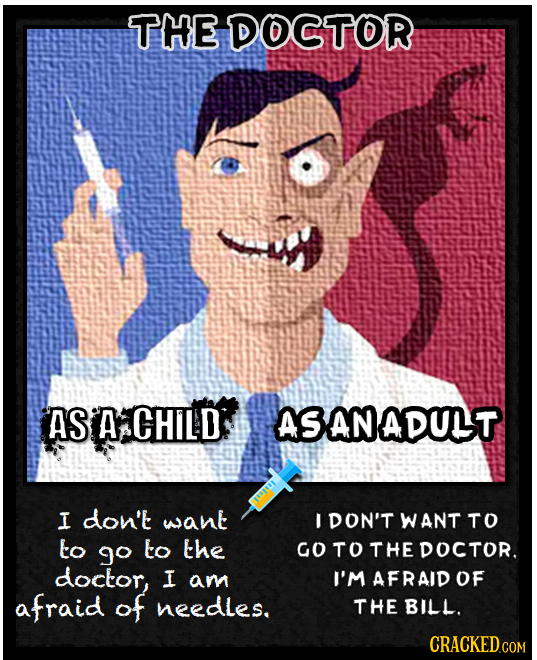 19 THE DOCTOR AS A CHILD ASANADULT I don't want I DON'T WANT TO to go to the Go TO THE DOCTOR. doctor, I am I'M AFRAID OF afraid of needles. THE BILL.
