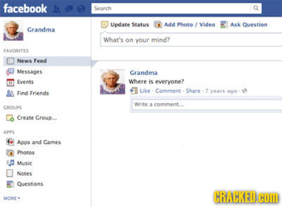 facebook Sesrch Undate Seatus ADd Photo Video Ask Question Grandma What's your mind? on EAVOITEE News Feed Messages Grandma Events Where is everyone?