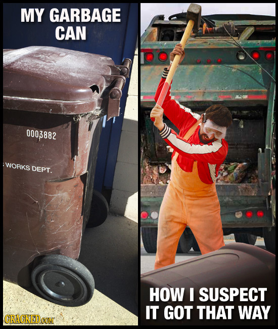 MY GARBAGE CAN 0003882 WORKS DEPT. HOW I SUSPECT IT GOT THAT WAY CRACKEDCONR