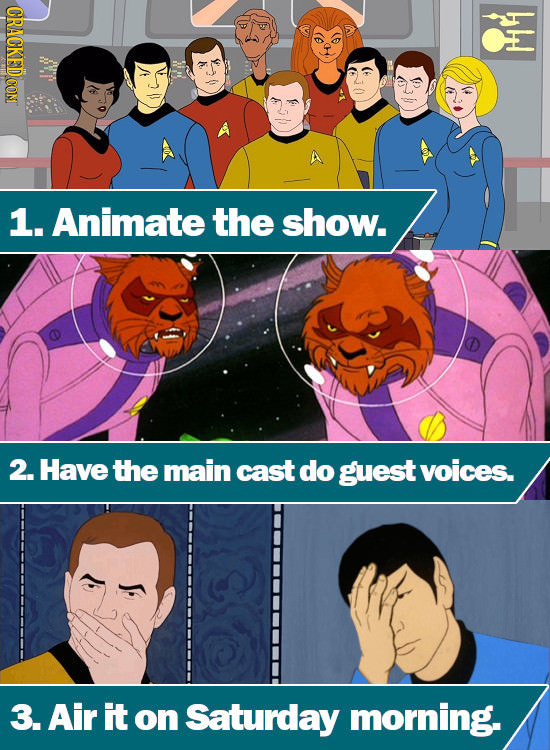 CRACKED CON M 1. Animate the show. 2. Have the main cast do guest voices. 3. Air it on Saturday morning