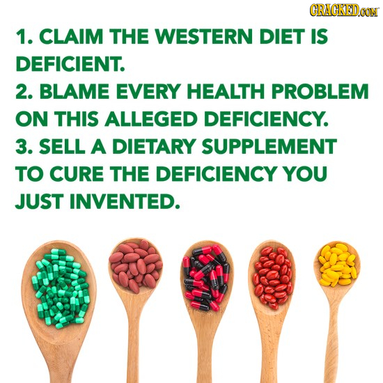 CRACKEDCON 1. CLAIM THE WESTERN DIET IS DEFICIENT. 2. BLAME EVERY HEALTH PROBLEM ON THIS ALLEGED DEFICIENCY. 3. SELL A DIETARY SUPPLEMENT TO CURE THE 