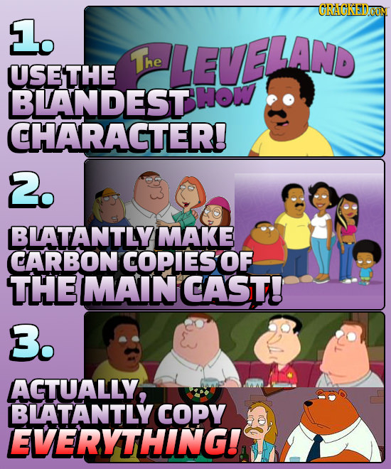 CRACKEDoO 1. The 'LEVELAN USETHE BLANDEST HOW CHARAGTER! 2. BLATANTLY MAKE CARBON COPIESOF- THE MAIN CAST! 3. AGTUALLY, BLATANTLY COPY EVERYTHING!