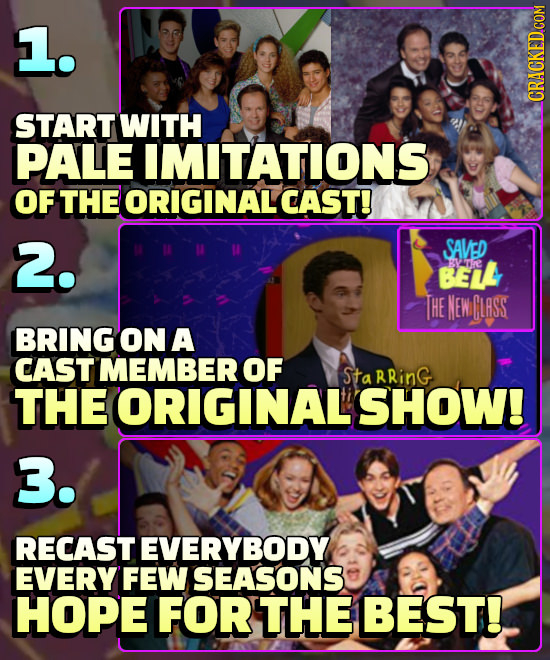1. START WITH PALE IMITATIONS OF THE ORIGINALCAST! 2. SAVED BEIL :syat.re THE MEWGLRSS BRING ON A CAST MEMBER OF Sta RRinG THE ORIGINAL SHOW! 3. RECAS