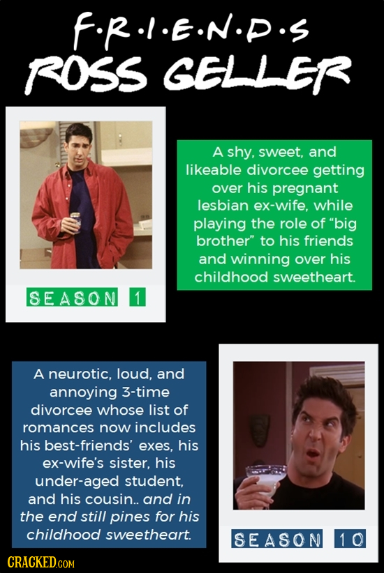 FR.I.E.N.P.S ROSS GELLER A shy, sweet, and likeable divorcee getting over his pregnant lesbian ex-wife, while playing the role of big brother to his