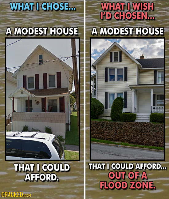 WHAT CHOSE... WHAT WISH I'D CHOSEN... A MODEST HOUSE A MODEST HOUSE THAT I COULD THAT I COULD AFFORD... AFFORD. OUT OF A FLOOD ZONE. CRACKED COM