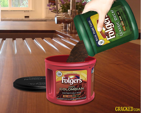 DECAF TASTE SEICRSSO PURE CLASSIC RICH. 90 Folgeir 240 I-5 Folgers 100% COLOMBIAN DISTINETIVELY ICH