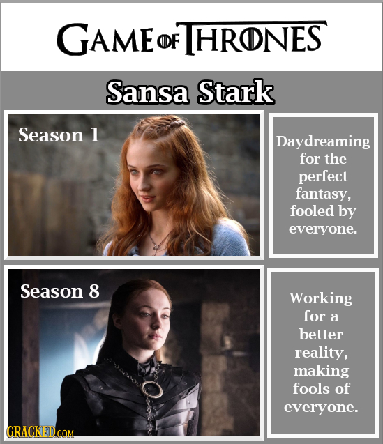 GAME OF HRONES Sansa Stark Season 1 Daydreaming for the perfect fantasy, fooled by everyone. Season 8 Working for a better reality, making Osaie: fool