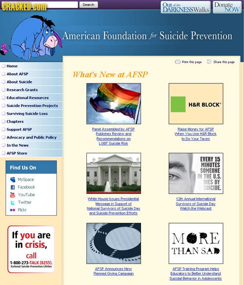 CRACKED.HOM Search Out ds Donate DARKNESSWalks NOW American Foundation for Suicide Prevention Dine the pate Share page Home About AESP What's New at A