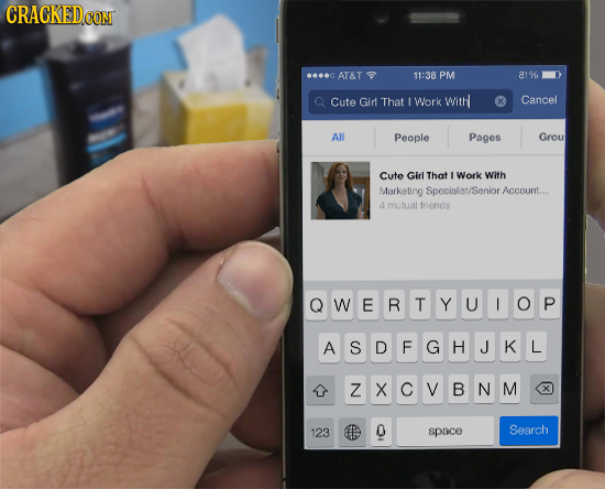 0AT&T 11:38 PM a1 Q Cute Gid That I Work withl Cancel All People Pages Grou Cute Girl That I Work With Marketing Specinlist/Senior AcGount... a mutual