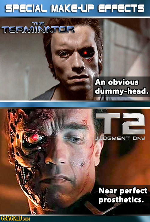 SPECIAL MAKE-UP EFFECTS THE TERMINATOR An obvious dummy-head. T JUDGMENT DAY Near perfect prosthetics.