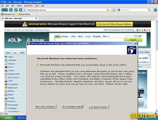 Netscape Nefscape Nevieator F Wen Htory Baairariis Toehs Hale lirelsece Loond wtetare Gatr seted AOLOM Netscave BMPORTANT NOTICE. Netscape Browser Sup