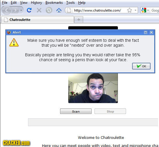 File Edit View History Bookmarks Tools Help C http://www.chatroulette.com/ Goog Chatroulette Alert Make sure you have enough self esteem to deal with