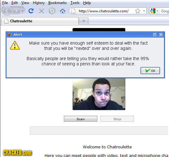 File Edit View History Bookmarks Tools Help C http://www.chatroulette.com/ Goog Chatroulette Alert Make sure you have enough self esteem to deal with 