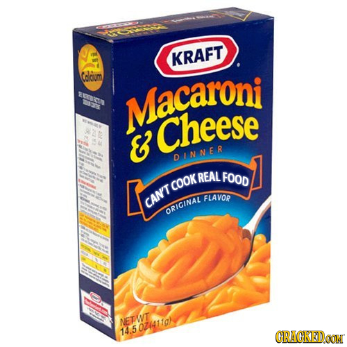 KRAFT Coloum Macaroni & Cheese DINNER REAL FOOD Cook FLAVOR CAN'T ORIGINAL NETWT 14.5071411a CRACKED.CON