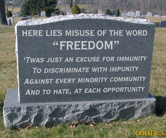 HERE LIES MISUSE OF THE WORD FREEDOM 'TWAS JUST AN EXCUSE FOR IMMUNITY To DISCRIMINATE WITH IMPUNITY AGAINST EVERY MINORITY COMMUNITY AND TO HATE, A