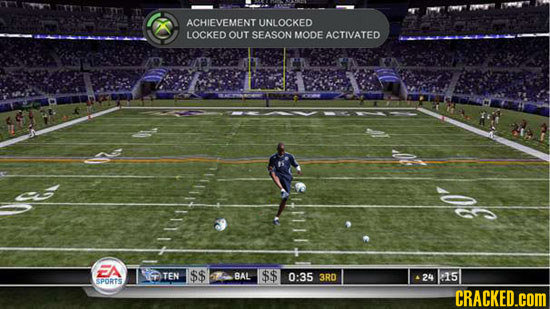 ACHIEVEMENT UNLOCKED LOCKED OUr SEASON MODE ACTIVATED 30 FA TEN $$ BAL $$ 0:35 3RD 24 15 SPORTS CRACKED.cOM 