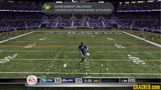ACHIEVEMENT UNLOCKED LOCKED OUr SEASON MODE ACTIVATED 30 FA TEN $$ BAL $$ 0:35 3RD 24 15 SPORTS CRACKED.cOM