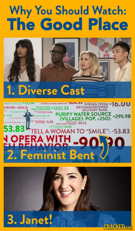 Why You Should Watch: The Good Place 1. Diverse Cast TROYES 40.04 AMERICANE -024.33 LEACUT FROM -16.00 ARIVER:-4010.55 SAVE A CHILD +1202.33 EROM DROW