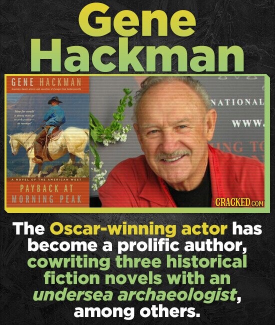 Gene Hackman G ENE HACKMAN NATIONAL F WWW NNG T ANOVEL O YE AMERICAN OWY PAYBACK AT MORNING PEAK CRACKED CON The Oscar-winning actor has become a prol