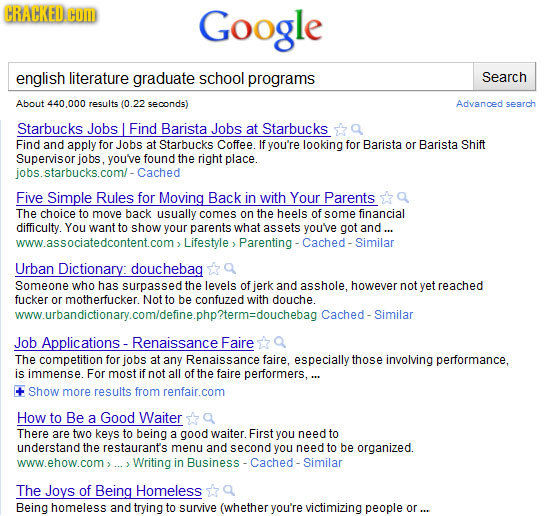CRACKED.HO Google english literature graduate school programs Search About 440.00 results (0 .22 seconds) Advanced search Starbucks Jobs Find Barista