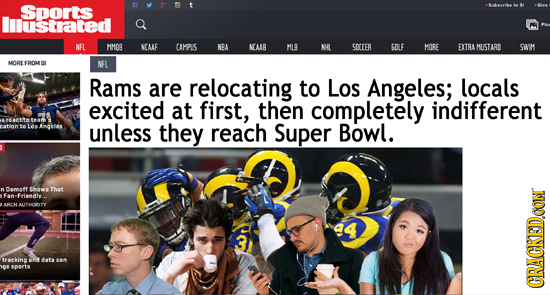 Sports Ilukstraated NEL MMOB NEALE CAMPUS NA NEALB MLE NHL SOCEER SOUF MOBE EXTRA MUSTARD SWIM MOREEROMS SI NFL Rams are relocating to Los Angeles; lo