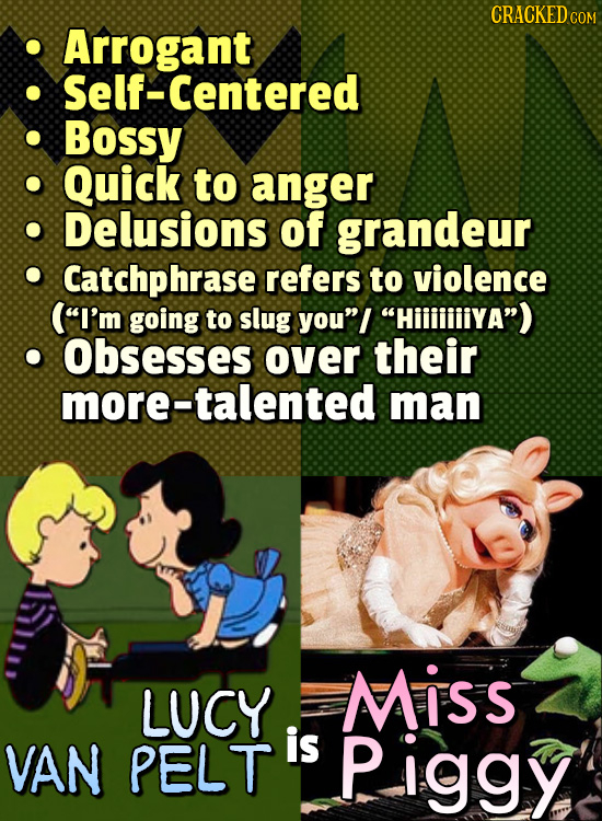 CRACKED C COM Arrogant Self-Centered Bossy Quick to anger Delusions of grandeur Catchphrase refers to violence (l'm going to slug youl HiiiiiiiYa)